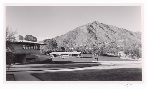 Main house and guest house and Camelback Mountain with 2 people, from the series The David and Gladys Wright House