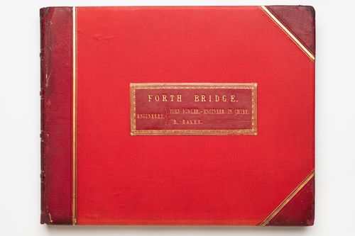 Album of views of the Forth Bridge under construction, showing buildings sites, machinery, equipment and workers, Firth of Forth, Scotland, United Kingdom