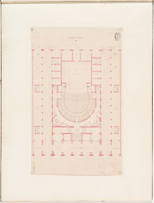 Plan for the "baignoires et parterre" for level B for the Théâtre Royal Italien, and two plans for the "vide du rez-de-chaussée" of the adjacent shopping arcades