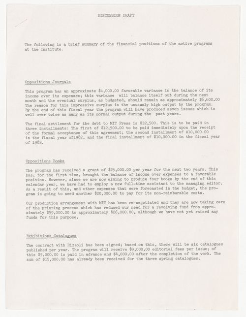 Discussion draft about financial positions for IAUS active programs with annotations by Peter D. Eisenman