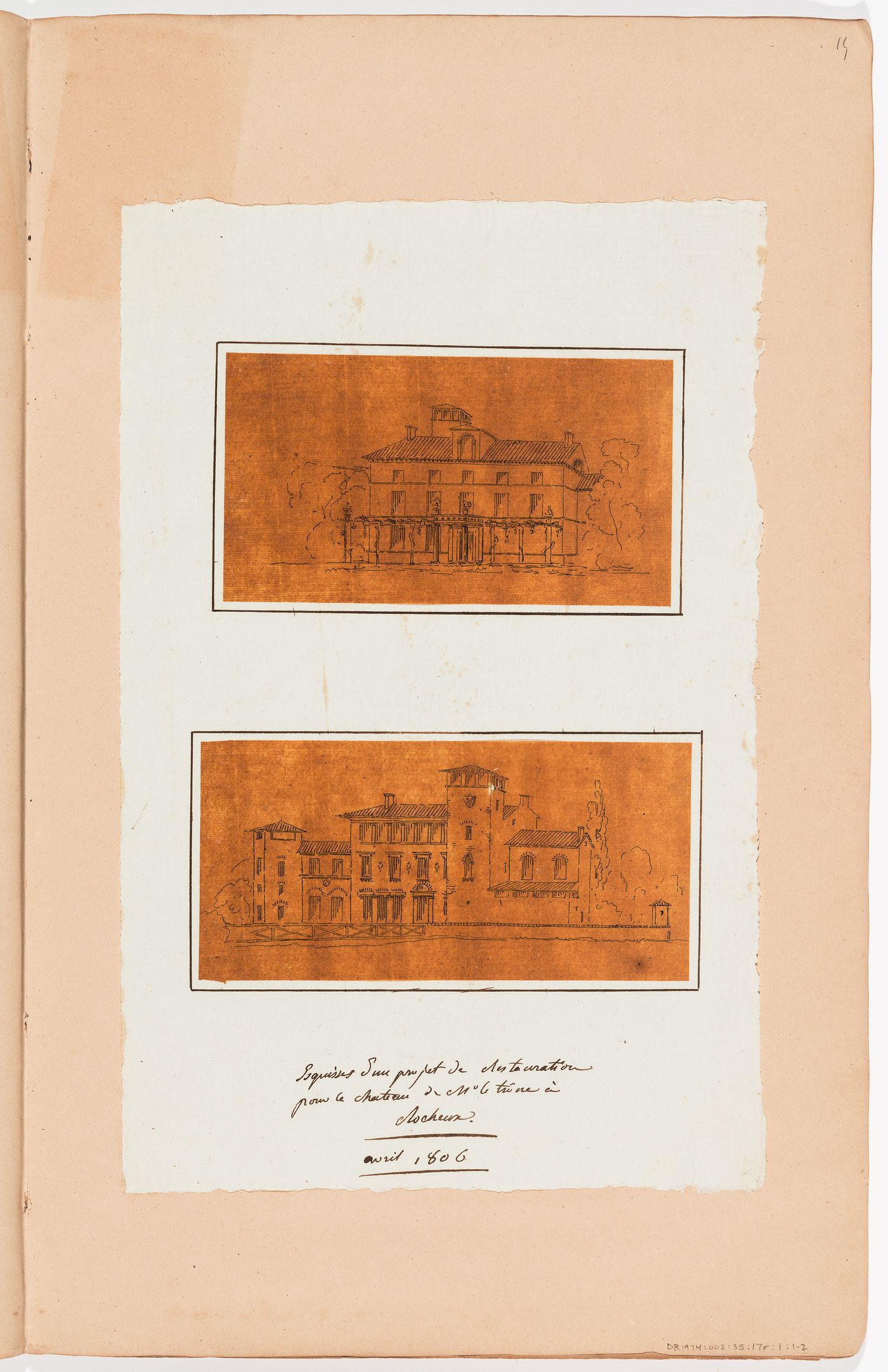 Conceptual drawing for the restoration of a château for M. le Trône; verso: Sketch elevation and plans for a country house