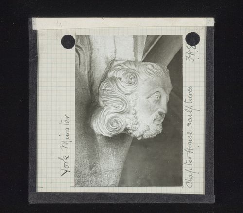 View of sculpture of head in Chapter House of York Minster, York, North Yorkshire, England