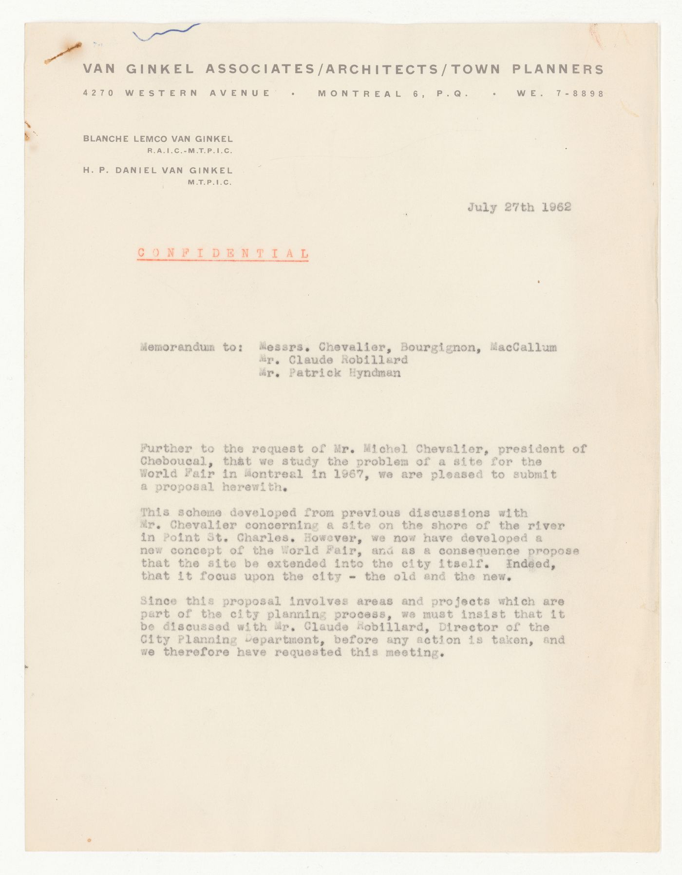 Letter from Van Ginkel Associates for Canadian World Exhibition, Expo '67, Montreal