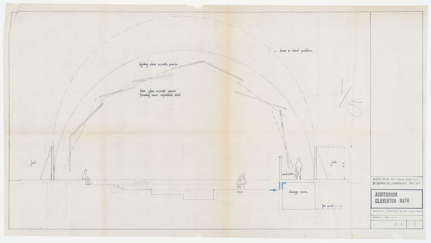 Section through stage and dome for auditorium on the grounds of Claverton Manor, Bath, England