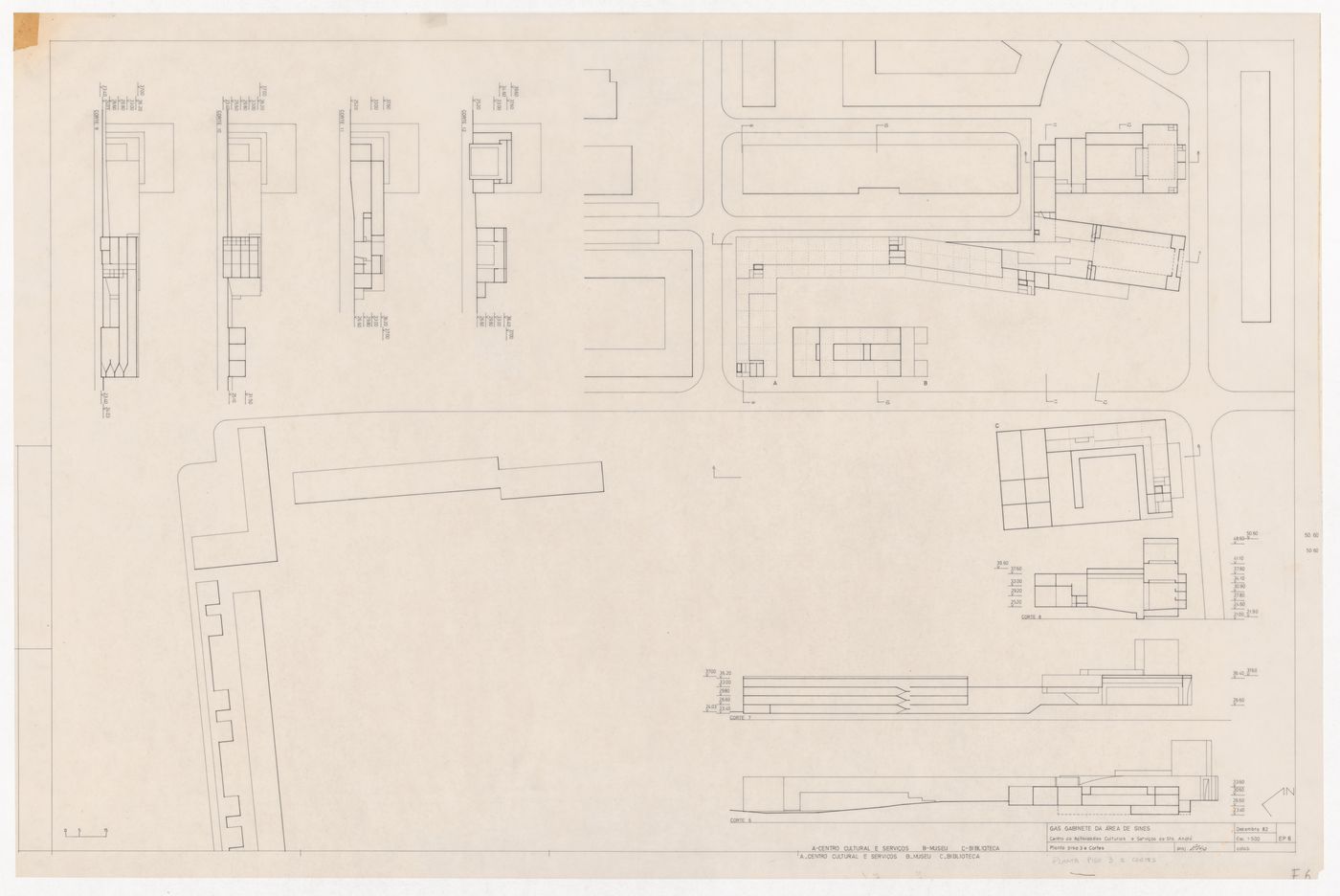 Sections and level three plan for Centro Cultural de Sines, Sines, Portugal