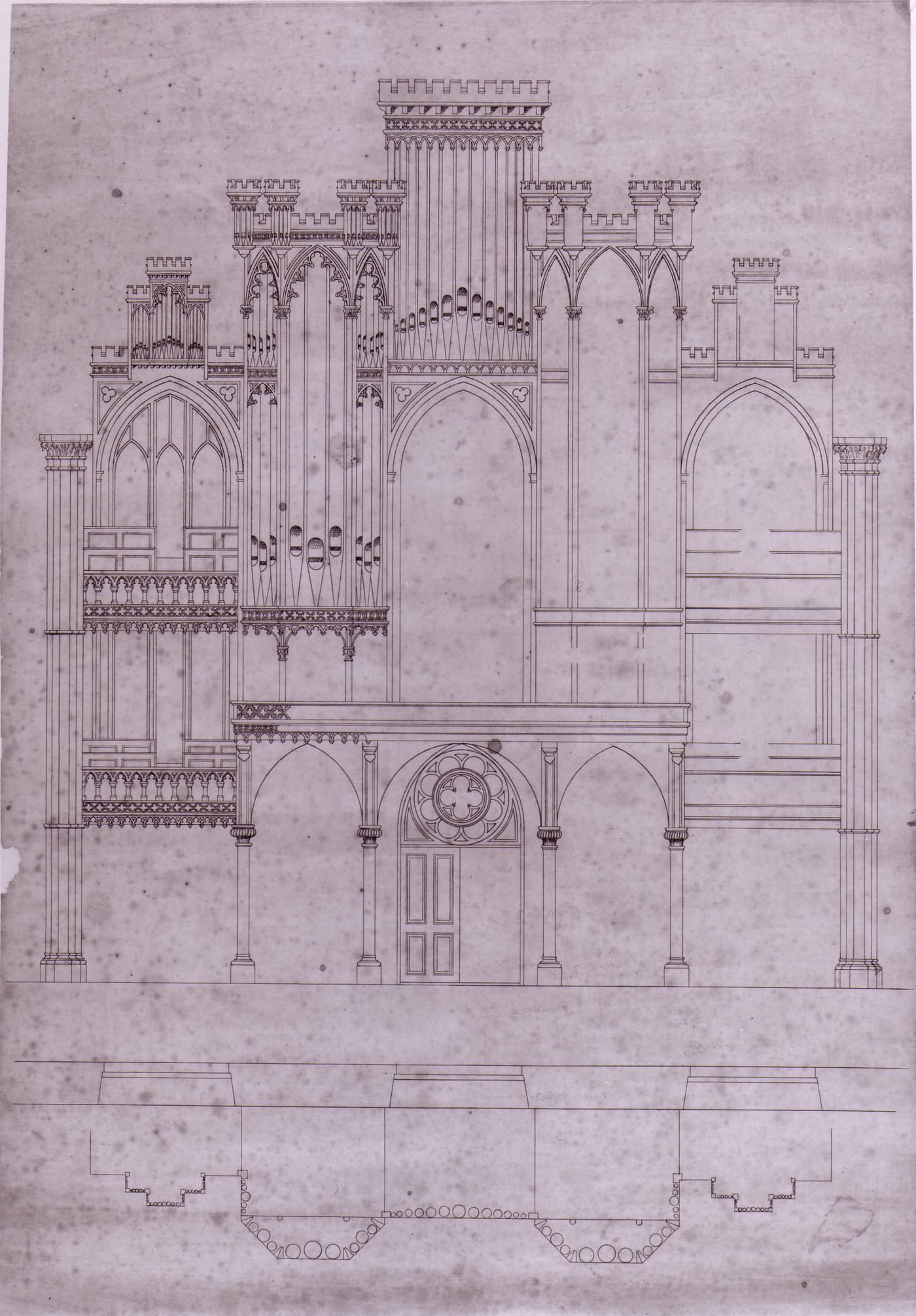 Plan and elevation for the organ for the interior design by Bourgeau et Leprohon for Notre-Dame de Montréal