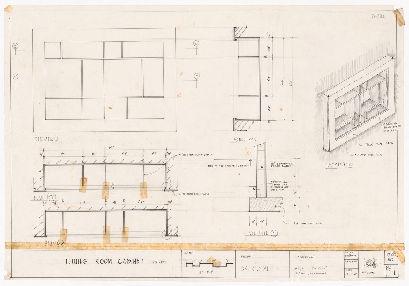 Plan, elevation, section, detail and axonometric view for Dining room cabinet, residence of Dr. YP Goyal, Kurukshetra, India
