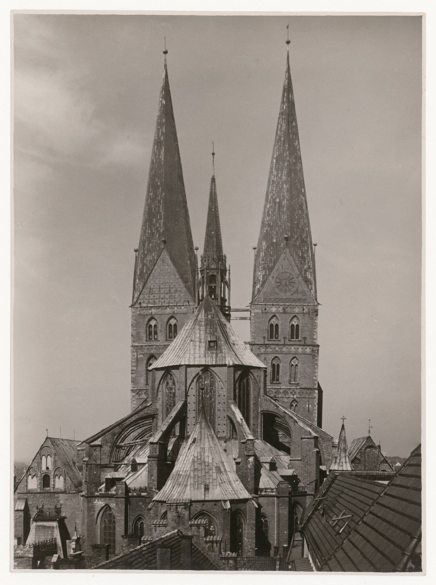 Exterior view of church, looking toward apse, from elevated view point, Lübeck [?], Germany