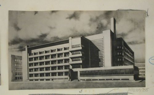 View of perspective drawing for the Wilhelminahuis, a multi-story residential building for women, The Hague, the Netherlands