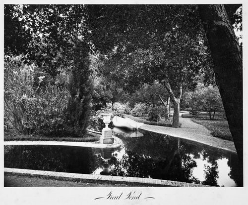 View of the Trout Pond, Thurlow Lodge, Menlo Park, California