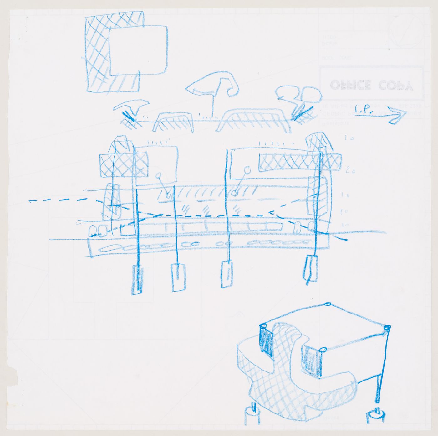 TIFF (Tokyo International Forum International Design Competition, 1989, entry by Cedric Price): conceptual sketches