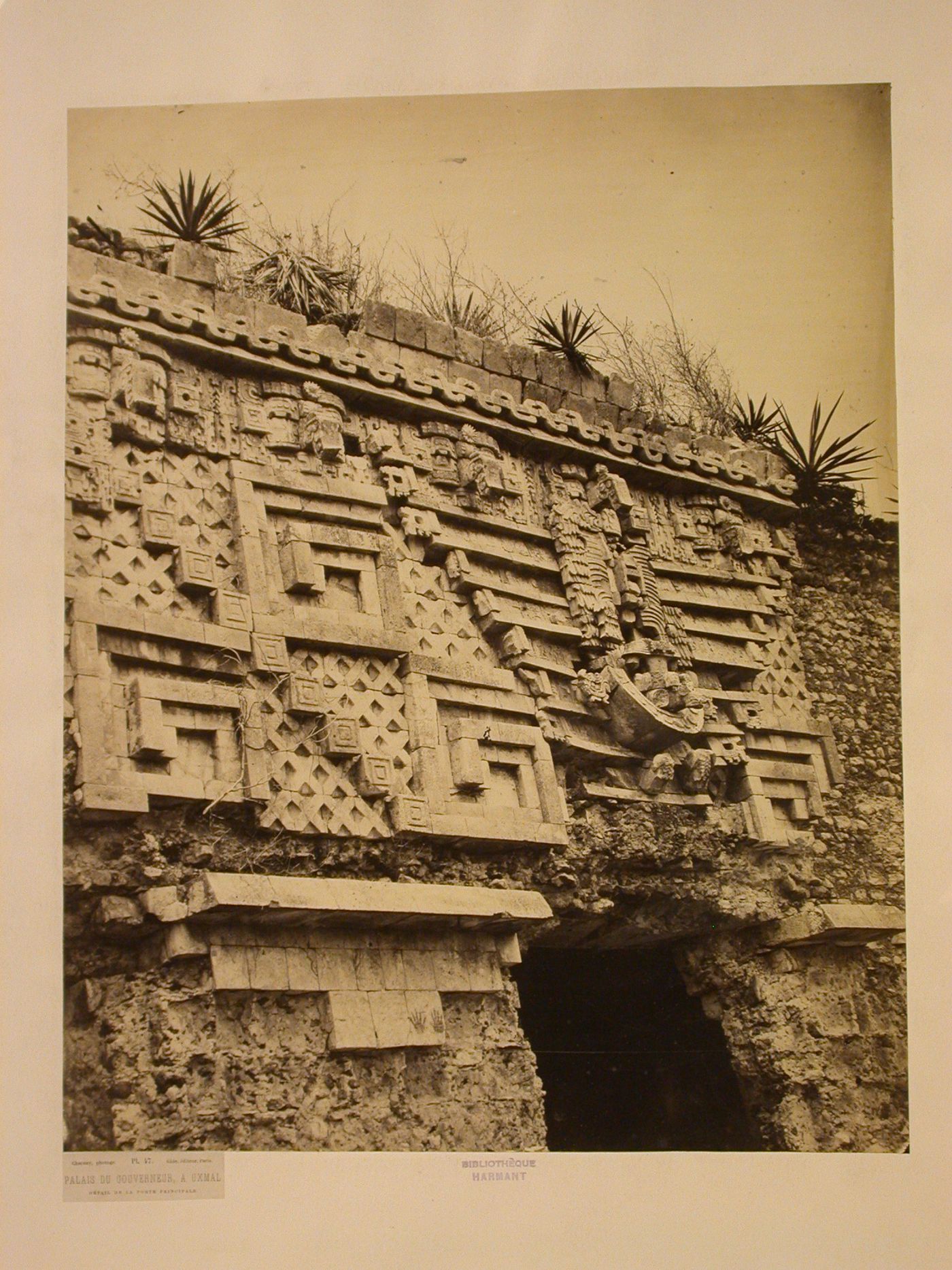 Close-up view of the bas-reliefs above the principal entrance of the Palace of the Governor, Uxmal Site, Mexico