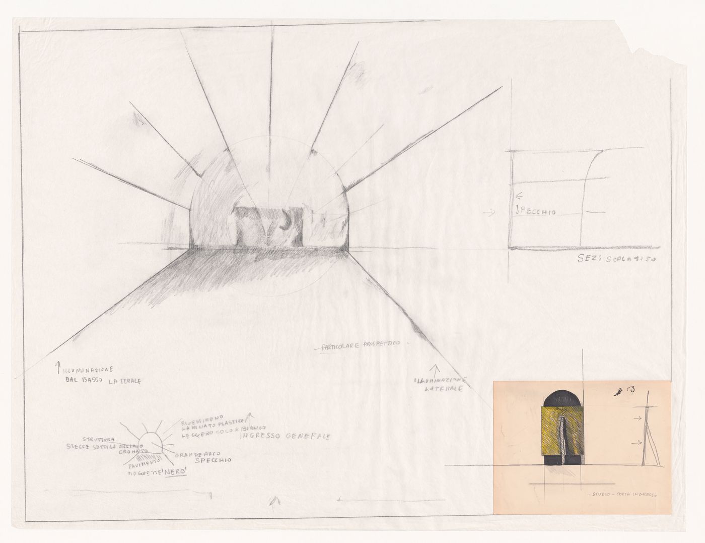 Sketch perspective with notes for Design shop, Montecatini Terme, Pistoia, Italy