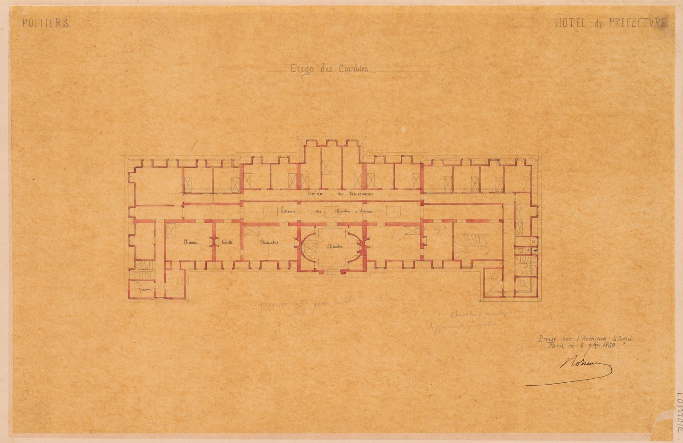 Project for a Hôtel de préfecture, Poitiers: Plan for the "étage des combles" for the Hôtel du Préfet