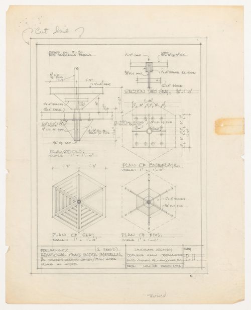 Plans, elevation and section for hexagonal seats under umbrellas for Children's Creative Centre Playground, Canadian Federal Pavilion, Expo '67, Montréal, Québec