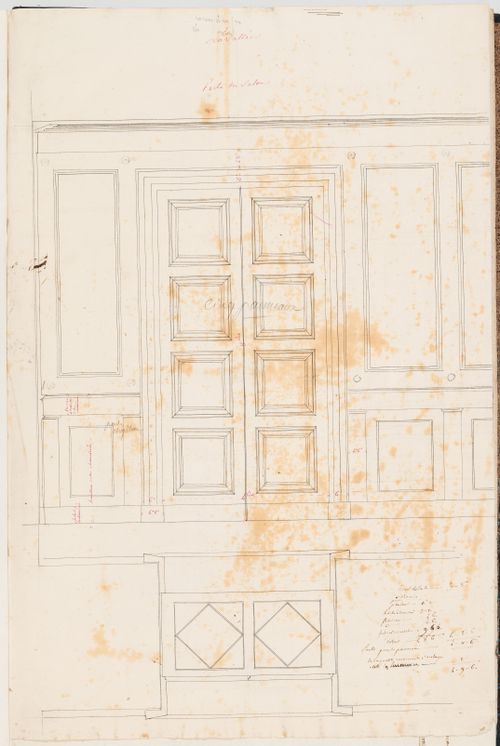 Elevation and plan for the salon doorway for the house, Domaine de La Vallée; verso: Elevation for an unidentified building