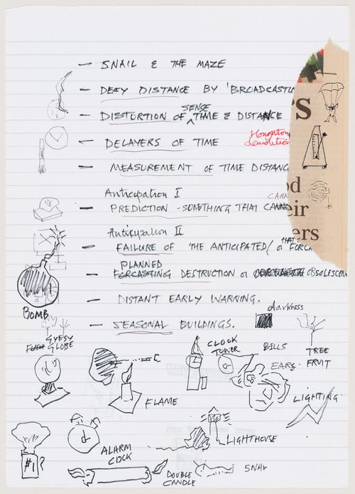 Notes and sketches made in conjunction with the design of the exhibition "Cedric Price: Mean Time" (Canadian Centre for Architecture, 19 October 1999-27 February 2000)