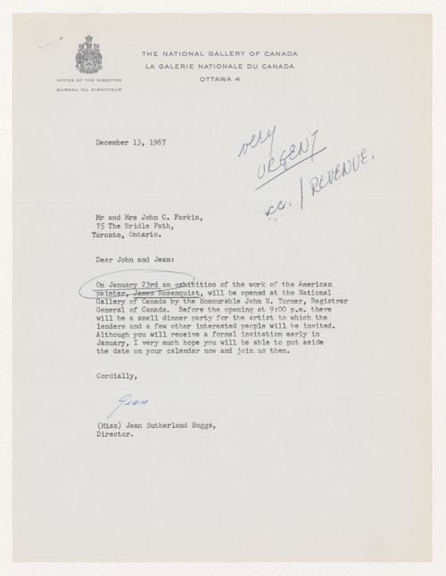 Correspondence between National Gallery of Canada director Joan Sutherland Boggs and Parkin about invitation to dinner party for artist James Rosenquist