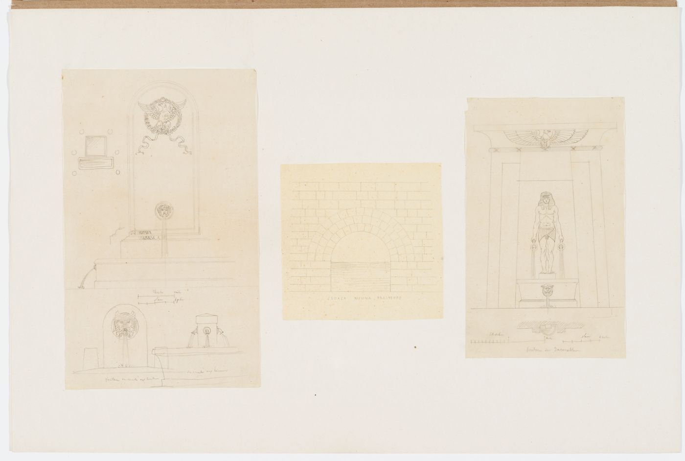 Three elevations of Parisian fountains; Elevation of the Cloaca Maxima, Rome; Front elevation and partial plan of the Fontaine de l'Incurable, also known as the Fontaine du Fellah, Paris