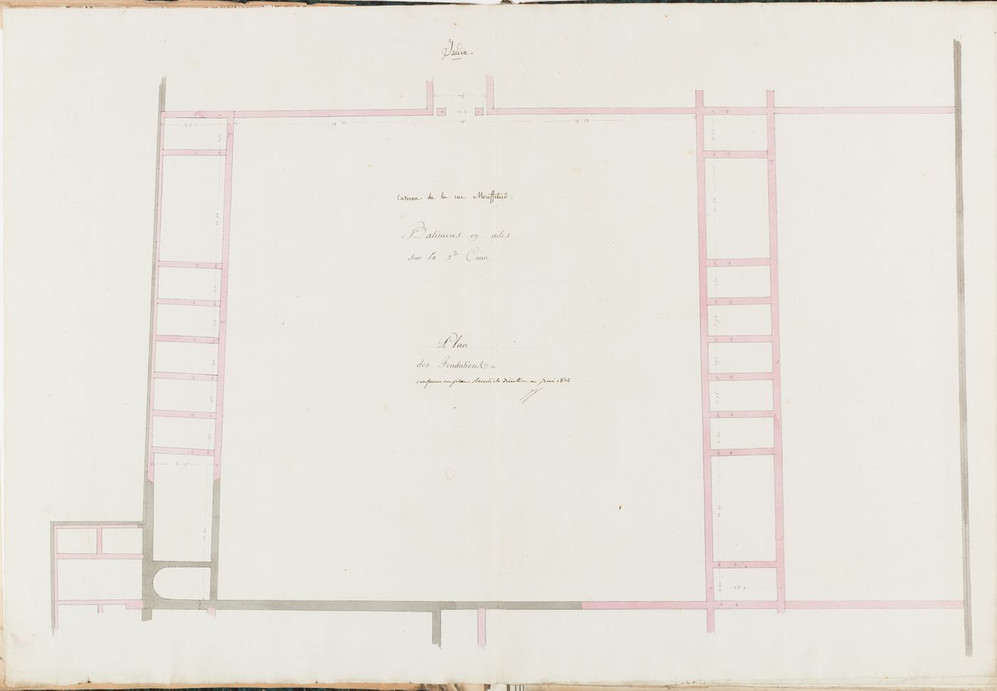 Project for the caserne de la Gendarmerie royale, rue Mouffetard: Foundation plans for the buildings surrounding the second courtyard