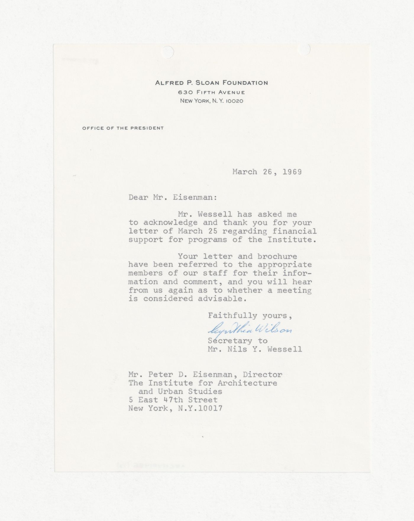 Letter from Cynthia Wilson to Peter D. Eisenman with attached copy of letter from Peter D. Eisenman requesting a donation with annotations