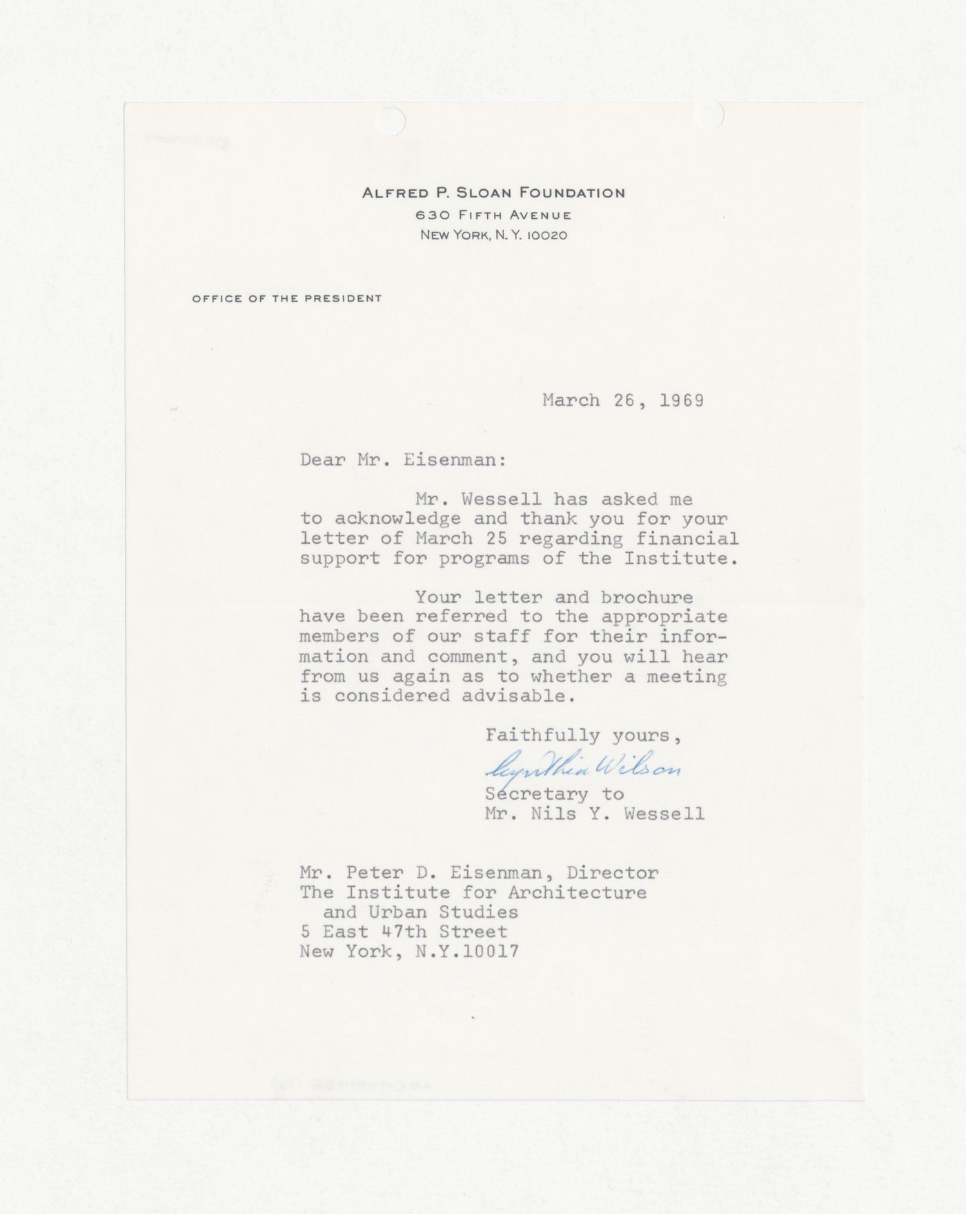 Letter from Cynthia Wilson to Peter D. Eisenman with attached copy of letter from Peter D. Eisenman requesting a donation with annotations