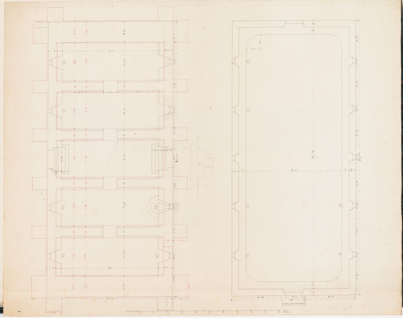 Plans for the "caves" and the basin of a reservoir, Parc de Clichy