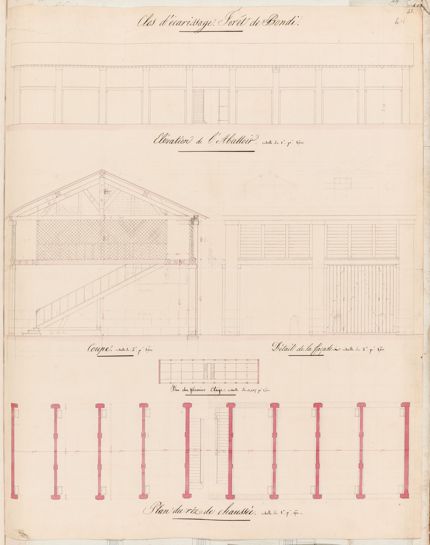 Project for Clos d'équarrissage, fôret de Bondy: Plans, elevation, cross section and detail for the slaughterhouse