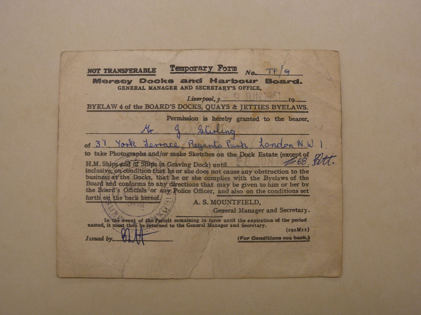 Temporary pass from Mersey Docks & Harbour Board giving Mr. J. Stirling permission to make photographs and sketches on the Dock Estate