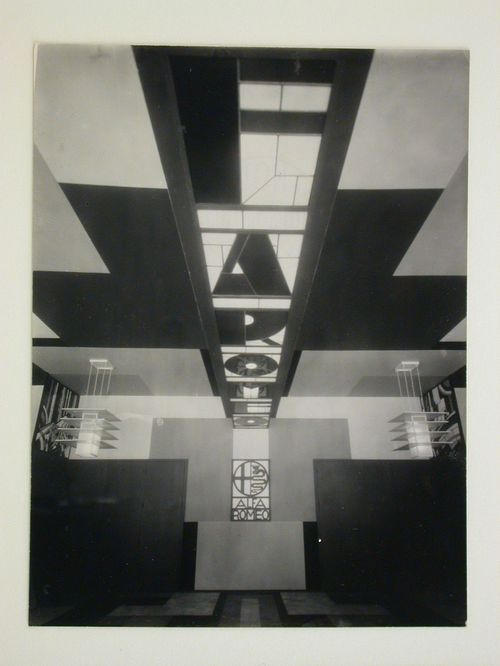 Partial view of ceiling and rear wall, Alfa Romeo showroom, rue Marbeuf, Paris, France