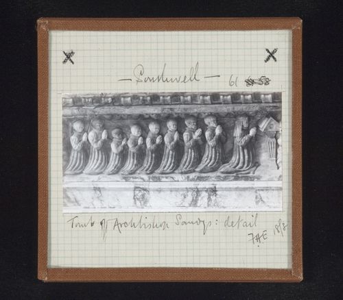 View of relief sculpture on alabaster tomb of Archbishop Sandys of York, Southwell Minster, Southwell, Nottinghamshire, England