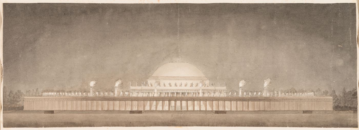 Nocturnal elevation of an unidentified domed building surrounded by a colonnade, perhaps a cenotaph dedicated to Newton
