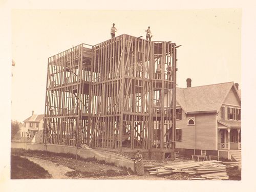 Framed house under construction, probably United States