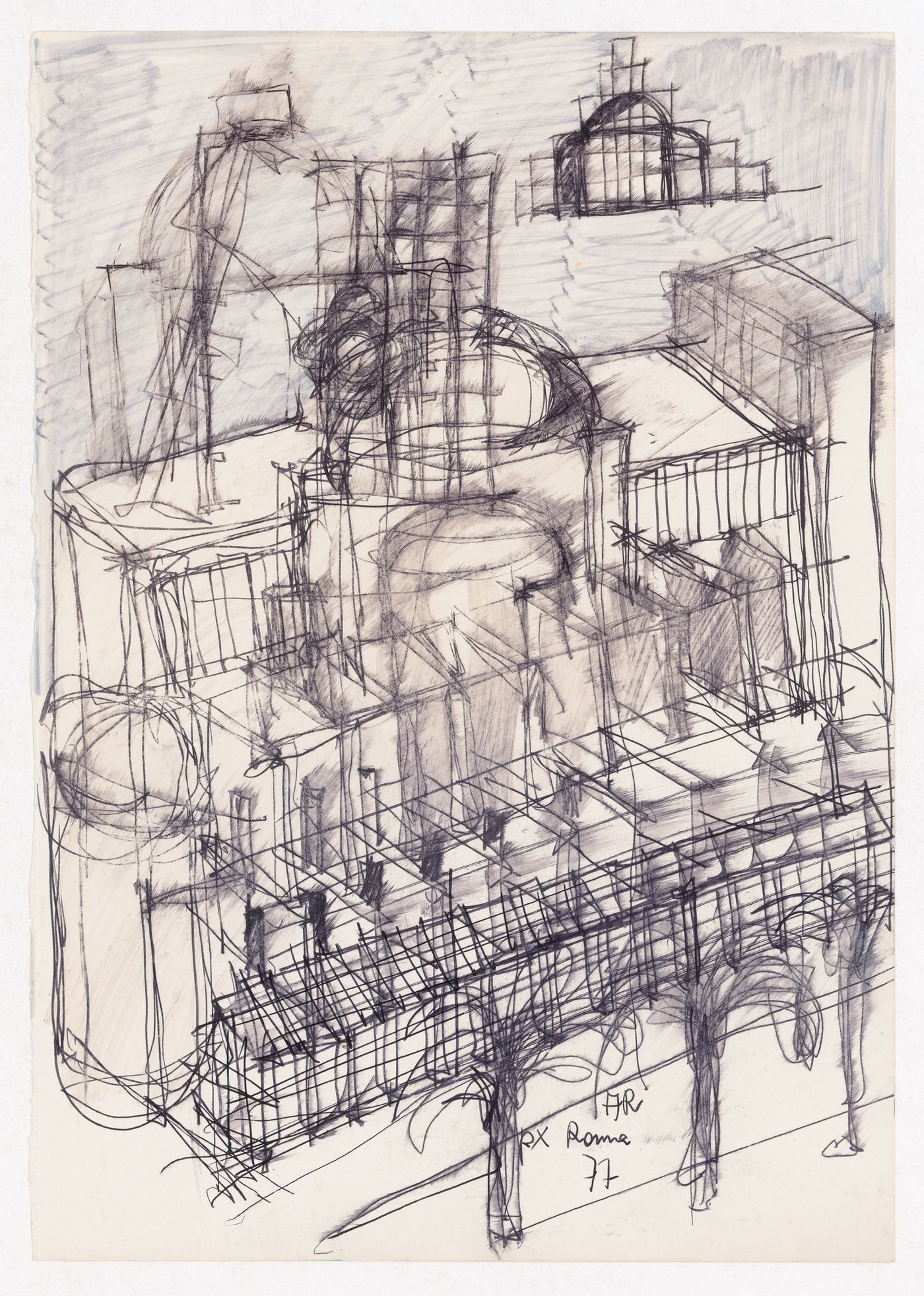 Perspective sketch and sketch elevation for Centro Direzionale, Florence