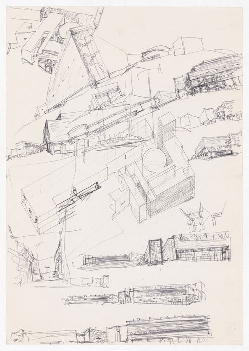 Sketch axonometric views, perspectives, and sections for Centro Cultural de la Defensa - 1º Fase - 2º Fase, Madrid, Spain