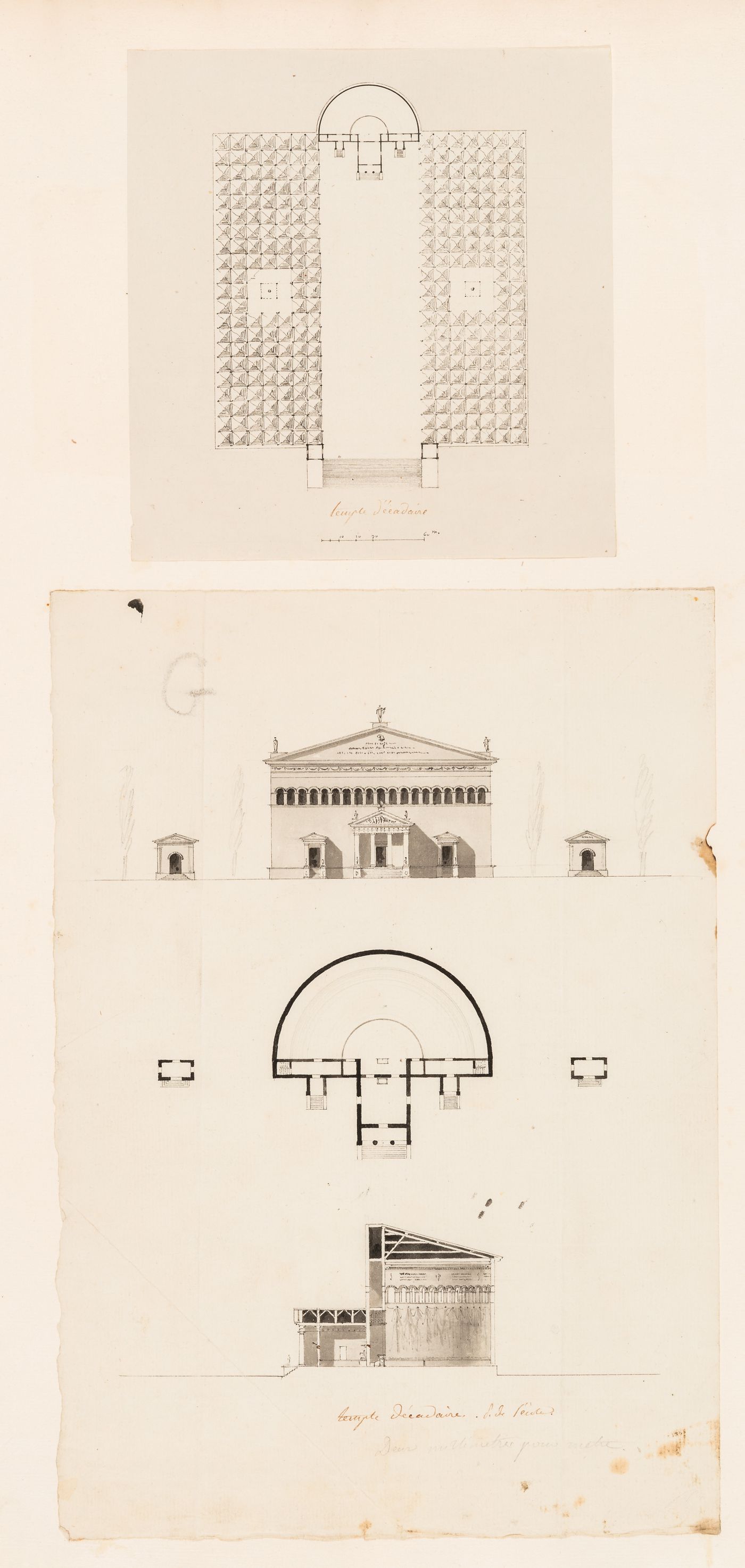 Plans for an école polytechnique; verso: Site plan, plan, elevation and section for a temple