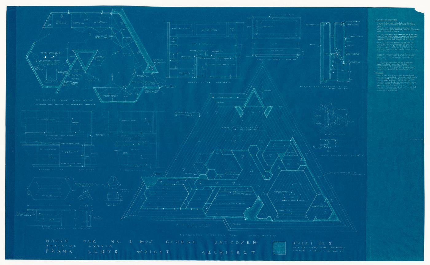 Plans, interior elevations, a section and details with specifications for the 1950 design for the Mr. & Mrs. George Jacobsen House, Hudson, Québec