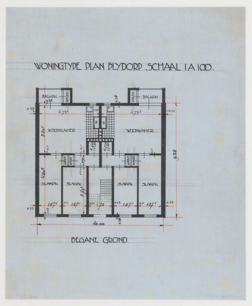 Ground floor plan for a housing unit for Blijdorp Workers' Housing Quarter, Rotterdam, Netherlands