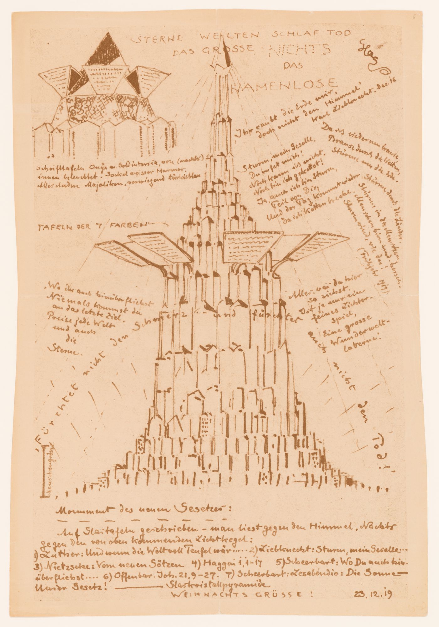 Illustrated letter with a drawing of a project for the monument to the dead by Bruno Taut