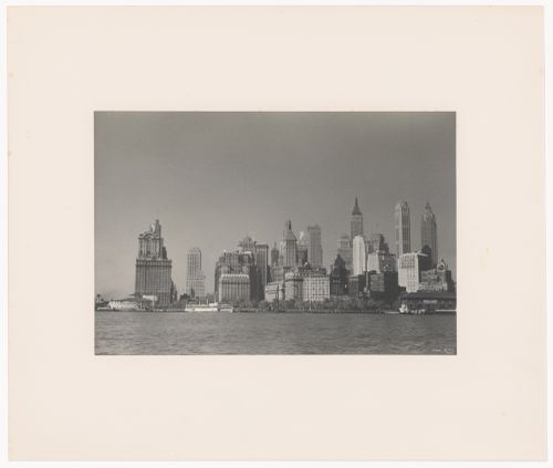 Aerial view of Manhattan showing the Chrysler Building and other skyscrapers and the East River, New York City, New York