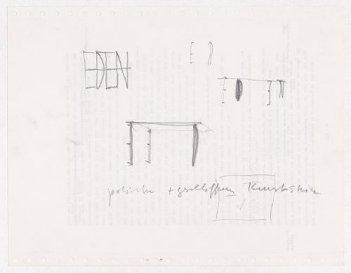 Sketch elevation [?], sketches, sketch perspective, sketch axonometric and sketch plan [?] for the E,D,E,N, Pavilion, Rheinfelden, Switzerland