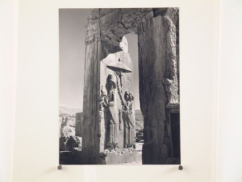 Detail of doorway with relief depicting king and two attendants, Palace of Xerxes, Persepolis, Iran