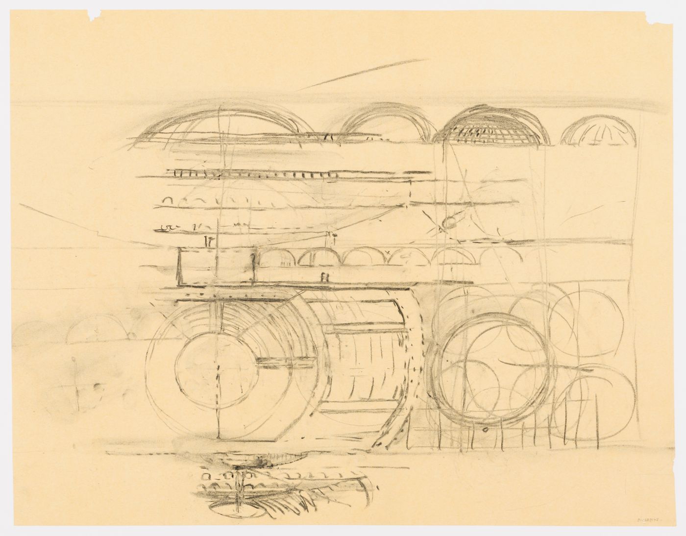 Sketch elevation and plan, and thumbnail sketch of interior, for the Palazzo dei Congressi, Venice, Italy