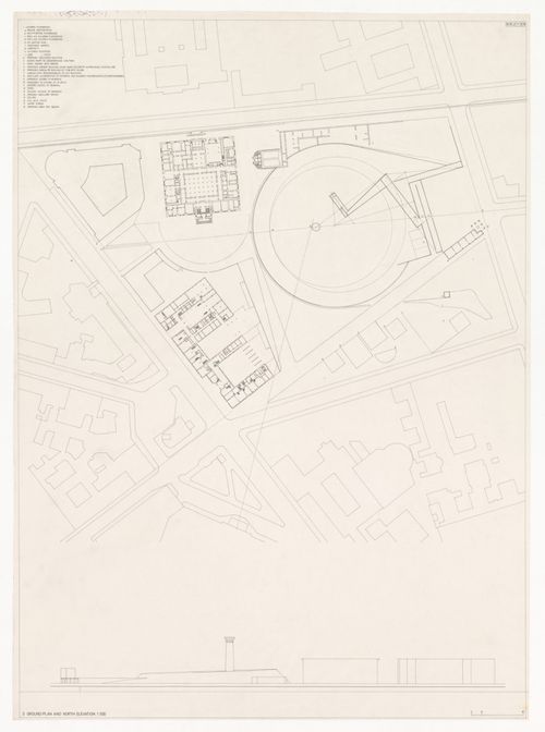 Ground floor plan and elevation for Monumento às vítimas da Gestapo [Monument to Gestapo victims], Prinz-Albrecht-Palais, Berlin, Germany