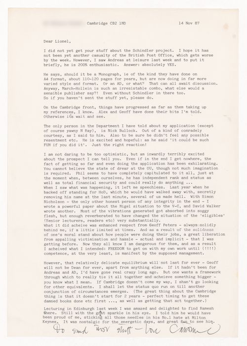 Letter from Catherine Cooke to Lionel March about Cooke's application to professorship at Cambridge University