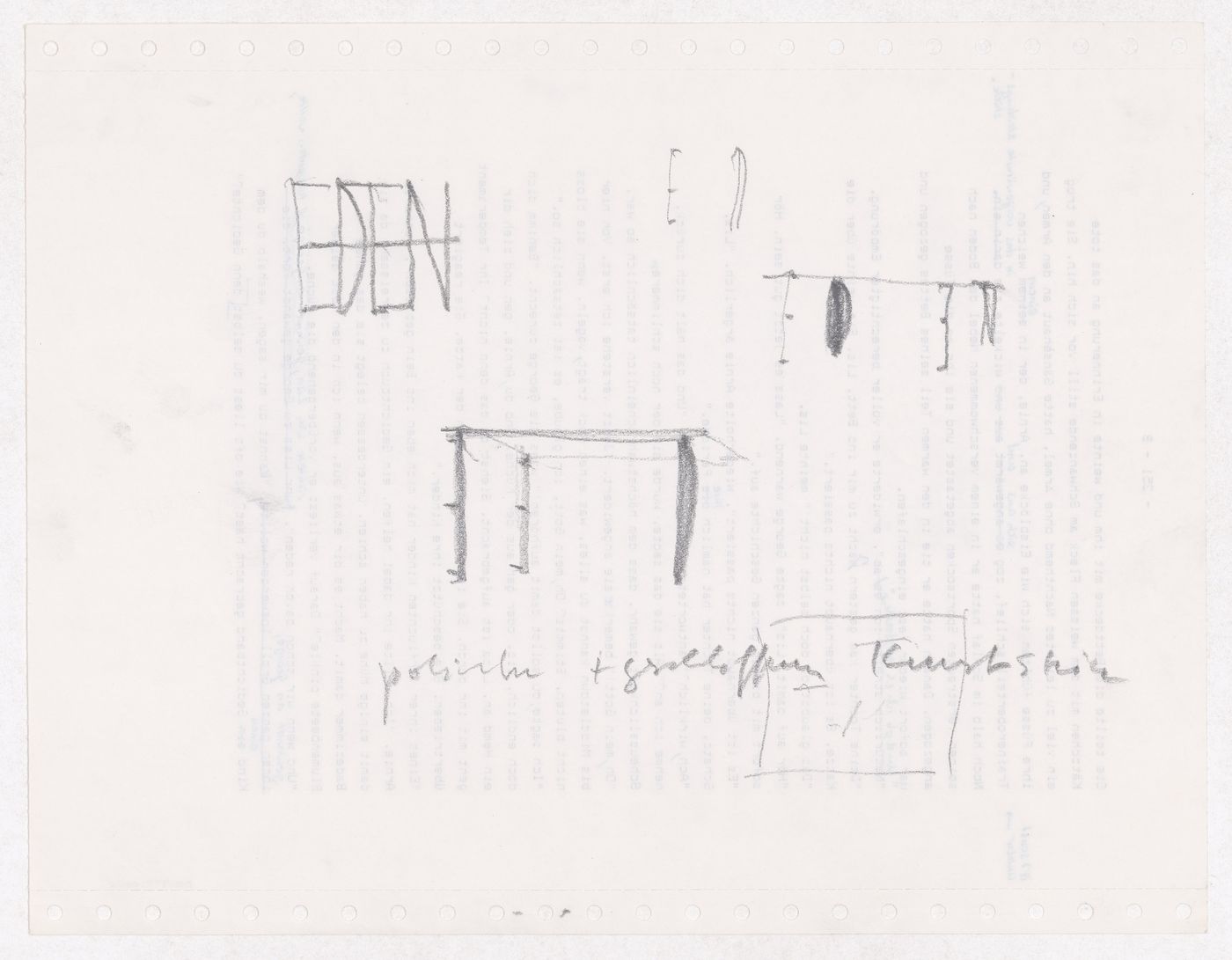 Sketch elevation [?], sketches, sketch perspective, sketch axonometric and sketch plan [?] for the E,D,E,N, Pavilion, Rheinfelden, Switzerland