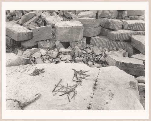 View of rock being prepared for splitting in limestone quarry, Saint-Marc-des-Carrières, Québec, Canada