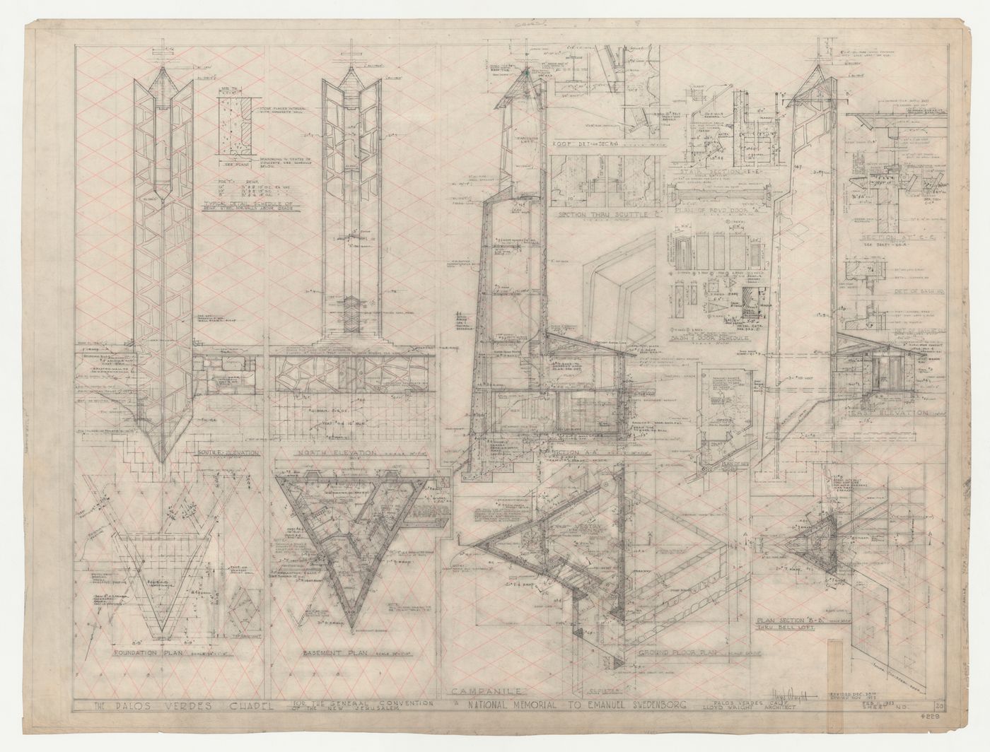 Wayfarers' Chapel, Palos Verdes, California: Plans, elevations, sections and details for the vestry and campanile and plan for the office, developed on an equilateral parallelogram grid, with sash and door schedule