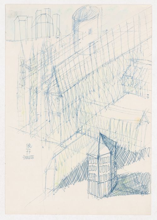 Perspective sketches, sketch elevation and sketch axonometric for Centro Direzionale, Florence