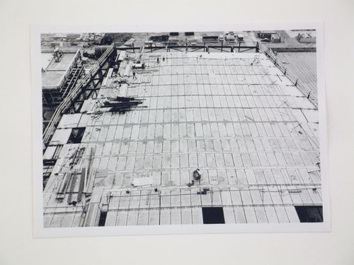 View of construction of steel structure for power station, from above, United Kingdom